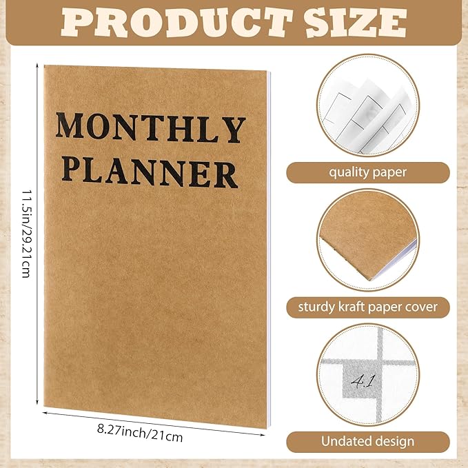 Fullhawl Undated Monthly Planner, 2026 Blank Pocket Weekly Planner with Kraft Cover, Mini Calendar Book for Office, Blank Date Goal/Time Organizer, 20 Sheets(11.5 x 8.3 Inch)