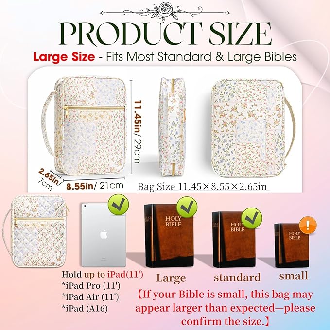 Large Quilted Bible Cover Case: Christian Birthday Gifts for Women Girls Mom Her Wife Floral Bible Bag with Multi Pockets 26Pcs Study Supplies Journaling Kit, Durable Book Carrying Cases Summer Gift