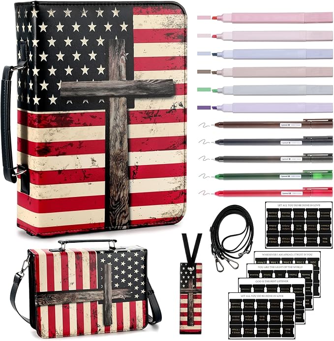 19PCS American Flag Leather Bible Cover for Men Bible Cover Cases for Mens Boys Christmas Gift Christian Carrying Bag Journaling Kit with Shoulder Strap Highlighter Pens & Book Marker Study Supplies