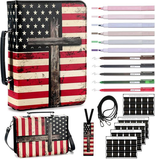 19PCS American Flag Leather Bible Cover for Men Bible Case for Boys Patriot Independence Day USA 250th Anniversary Gift Carrying Bag Journaling Kit with Shoulder Strap Highlighter Pens & Book Marker