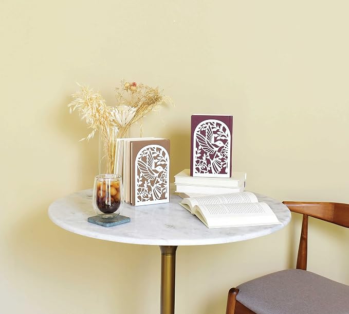 CNK Premium BookEnds - Metal Book Stoppers for Home Office, Book Shelf Holder, Decorative (Hummingbird White)