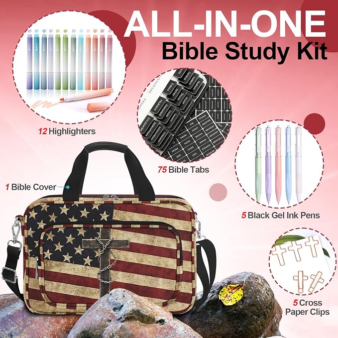 American Flag Cross Bible Cover Case for Women Men Boys,Large Bible Bag Book Carrying Case with Strap Handle Zipper Pocket,Bible Study Supplies Journaling Kit,Bible Organizer Holder Bag,Christian Gift