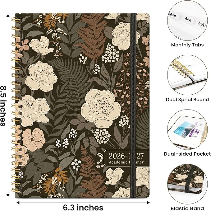 Planner 2026–2027, Academic Planner Weekly and Monthly Calendar Jul 2026 – Jun 2027 Hardcover Planner with Tabs and Pocket, Spiral Bound Agenda Book for Student & Teacher, 6.3" x 8.5", Wild Rose