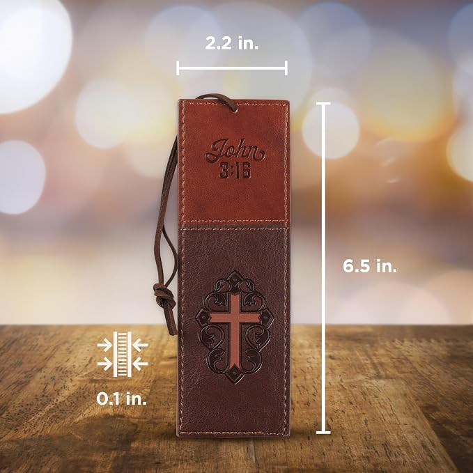 Christian Art Gifts Premium Vegan Faux Leather Scripture Bookmark for Men & Women: Cross - John 3:16 Inspirational Bible Verse, Heat-Debossed, Faith-Based Reading Accessory with Cord, Two-Tone Brown