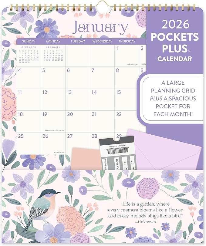 Orange Circle Studio Pockets Plus Wall Calendar 2026, Birds & Blooms, Large Monthly Planner, Hanging Organizer, Aesthetic for Home Office, Classroom, School, Family Calendar, Easy Planning