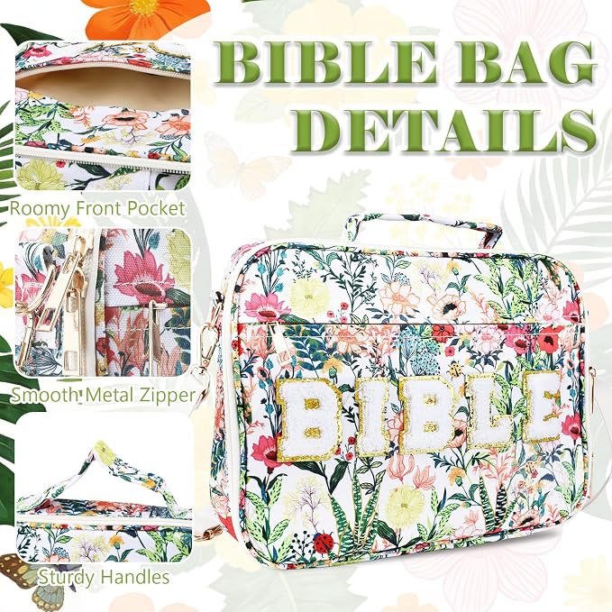 Large Bible Cover Case for Women, 12 x 9 x 2.5 Inch Letter Bible Bag with Shoulder Strap Carrying Bag with Tabs 6 Colored Pens 12 Highlighters, Back to School Study Supplies Christian Church Gifts
