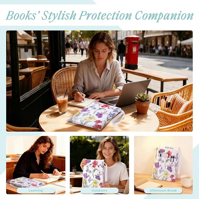 Book Sleeve with Zipper, 11''x 9'' Waterproof Paperback Sleeve for Book Lovers Books Pouch Cover with Handle for Hardcovers Kindle Sleeve for Reader Teacher Women (Pinkish-Purple Flowers, 11x 9 inch)