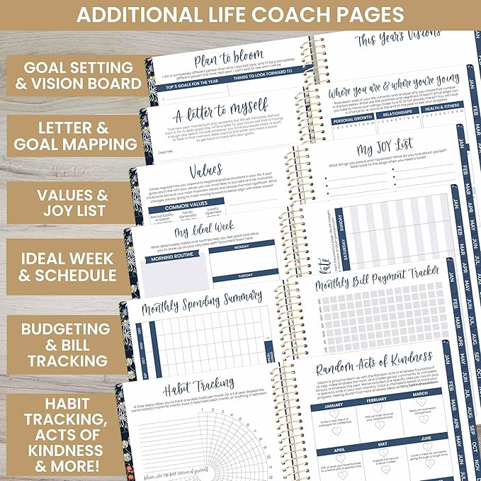 bloom daily planners 2025 Calendar Year Day Planner (January 2025 - December 2025) - 5.5” x 8.25” - Weekly/Monthly Agenda Organizer Book with Stickers & Bookmark - Garden Party, Navy