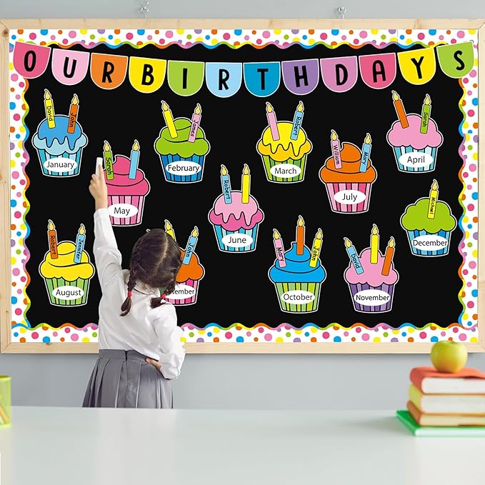 Justforjoyful Birthday Bulletin Board Classroom Decorations Colorful Cupcake Cutouts Colorful Candle Name Tags Decoration for Wall Chalkboard Preschool Classroom Decor Teacher Back to School Supplies