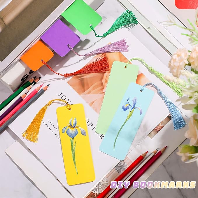 Sinmoe 240 Pcs Blank Paper Bookmarks Cardstock Colorful Tassels Craft DIY Bookmarks Bulk for Classroom Projects Gifts Tags Crafts 1.89 x 5.51 Inch (Solid Color)