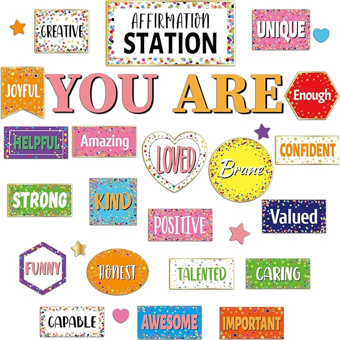 Confetti Affirmation Station Bulletin Board Set Classroom Decorations Colorful Confetti Inspirational Motivational Posters You Are Positive Inspirational Accent Cutouts for Classroom Mirror Wall Decor