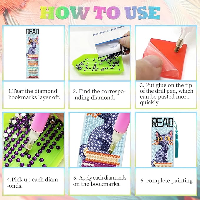 6Pcs Cat Reading Diamond Art Bookmarks Books Diamond DIY Painting Bookmarks Bookshelves Rhinestones Beaded Acrylic Tassel Bookmark for Adult Beginner Crafts