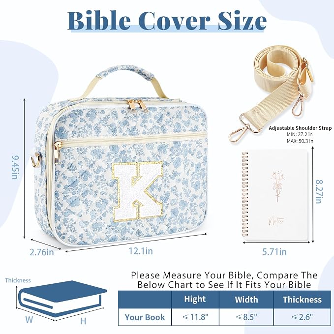 Personalized Initial Bible Cover Case for Women, Large Quilted Bible Bag with Durable Handle, Stylish Church Bag Journaling Kit with Study Supplies Accessories, Christians Gifts for Women (Blue-K)