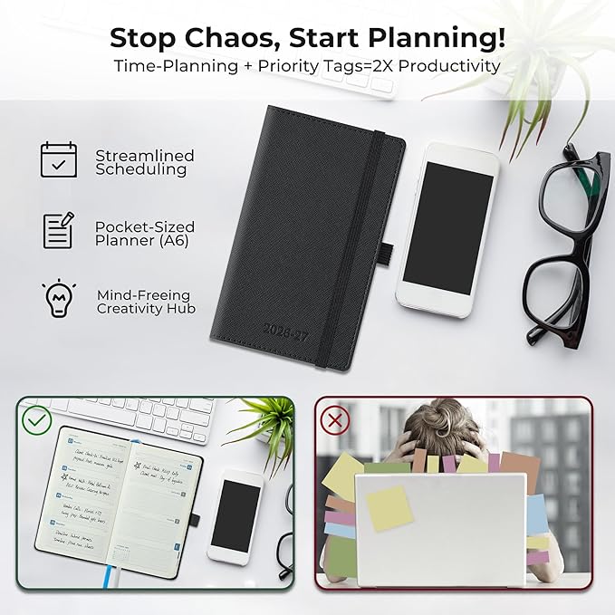 Weekly Monthly 2026-2027 Planner (July 26-Dec 27),6.5"x3.75",18 Months Agenda Plan with Month Tabs & Pocket,Expenses/Note Pages, Academic Calendar with Vegan Leather Cover,Black