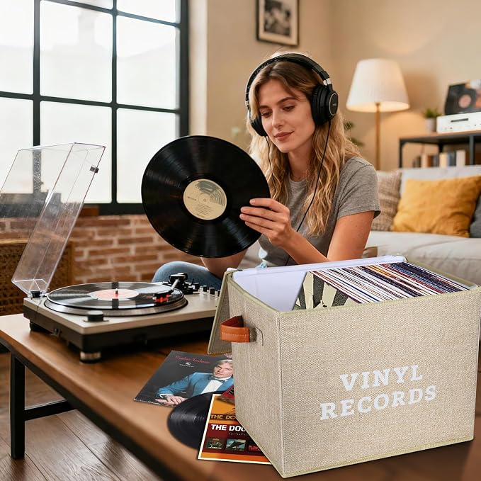 Lukeline Vinyl Record Storage Box, Decorative Moving Box for Records with Handles,LP Record Storage Holds up 100+ Records for Living Room, Study, Concert Hall or Office