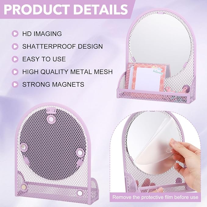Weysat Set of 5 Magnetic Locker Accessories Mirror with 2 Magnetic Pen Holder and 2 Wire Mesh Storage Basket for Students Back to School Locker Organizer for Office End of School Years Gifts (Purple)