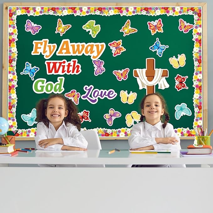 Spring Easter Bulletin Board Decorations Christian Religious Jesus Bulletin Board Set Fly Away with God Love Cross Cutouts Decor for Sunday School Classroom Teachers Students Supplies