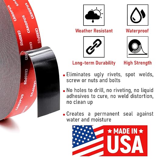 CANOPUS Double Sided Tape, 5952 Heavy Duty Mounting Tape, Strong Bond & Weatherproof Seal Strip for Automotive Mounting, Picture and Photo Frame, Poster, Craft, 1 in x 108 ft, Black, Made in USA