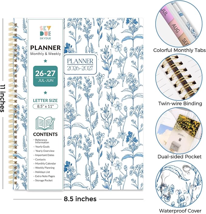 SKYDUE 2026-2027 Monthly and Weekly Academic Planner, July 2026-June 2027, 8.5"x11", Agenda Calendar with Colorful Tabs and Storage Pocket, Ideal for School Office Supplies