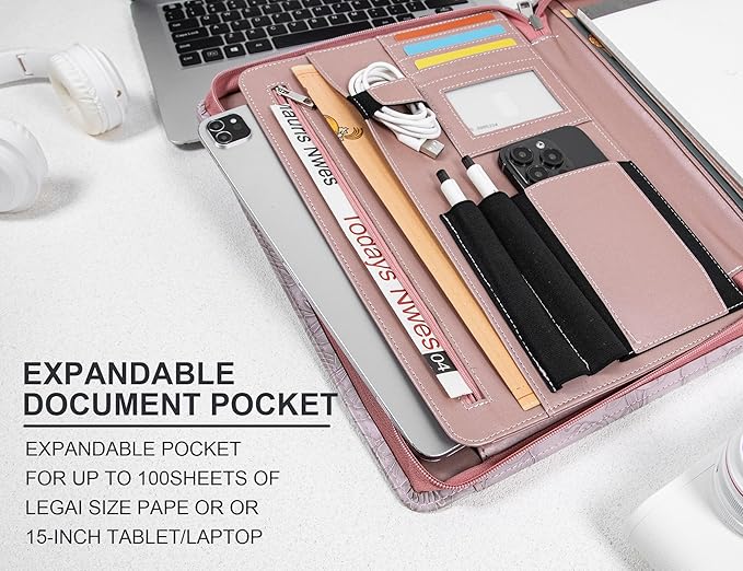 AZXCG Leather Portfolio for Women, Embossed PU Leather Padfolio with Zipper, Professional Business Document Organizer with A4 Notepad Holder, Professional Organizer for Resume/Interview(Purple)