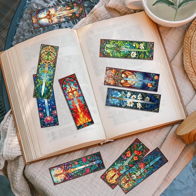 Wxiben Stained Glass Sword Bookmarks - 100 Pcs Cool Fantasy Bookmark Unique Sword Flower Book Marks Book Markers Page Clip GIFS for Women Men Teens Students Teacher Reading Bookworm Bookish