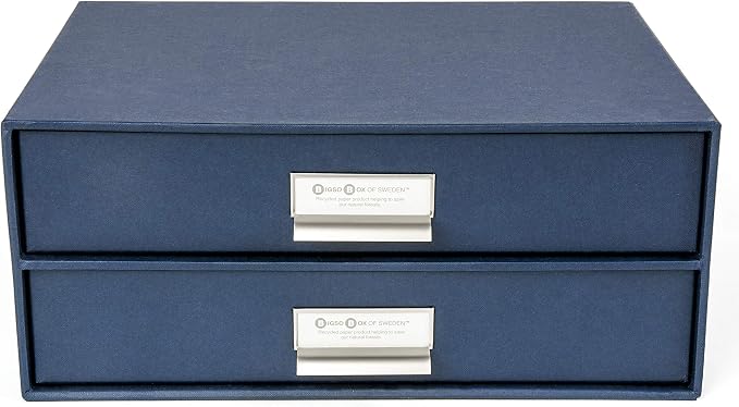 Bigso Box of Sweden Birger 2-Drawer Fiberboard Label Frame Document Letter Box | Desktop Drawers for Loose Papers, Document| Desktop Storage Drawer with Metal Label Holder | 13.1” x 10” x 5.7” | Blue