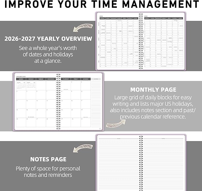Monthly Planner Jan 2026 - Dec 2027, Monthly Planner for 24 Monthes, 9×11 Inch, Teacher Monthlys, Hard PVC Cover, Spiral Bound, Time Management Calendar, Perfect for School & Office (Purple)
