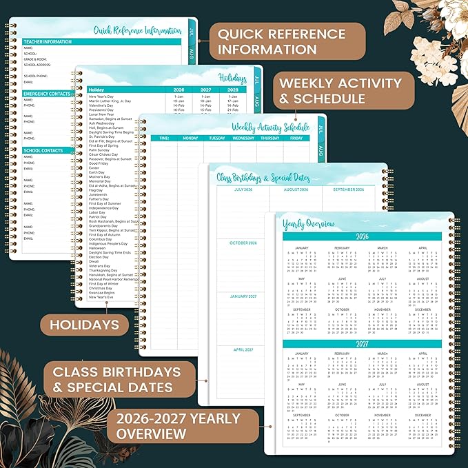 Teacher Planner 2026-2027 - 9'' x 11'', 2026-2027 Teacher Planner Academic Year, JULY 2026 - JUNE 2027, Weekly & Monthly Lesson Plan Book with Quotes, Twin-Wire Binding, Monthly Tabs, Back Pockets