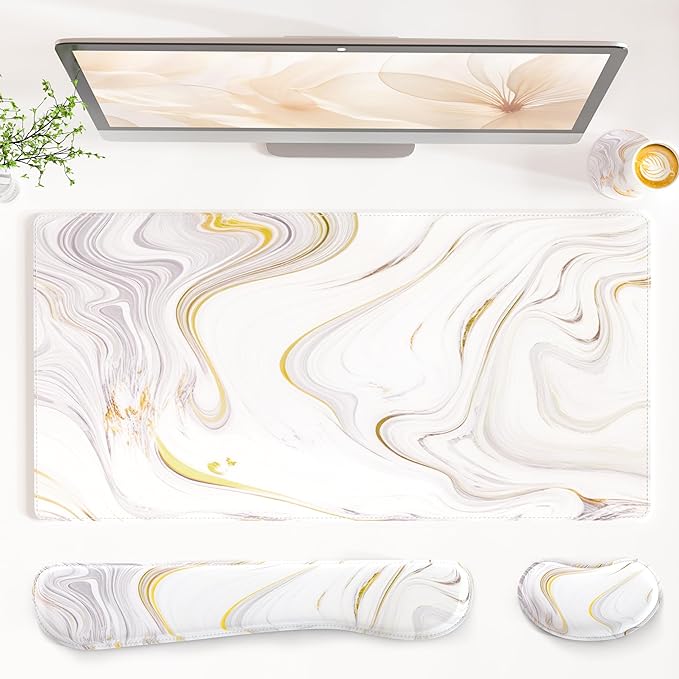QIYI Leather Desk Mat Set, 4-in-1 Large Mouse Pad with Wrist Rest, Non-Slip Desk Pad + Keyboard Wrist Rest + Mouse Wrist Support + Coaster, Office Desk Accessories Home Decor Supplies, White Marble