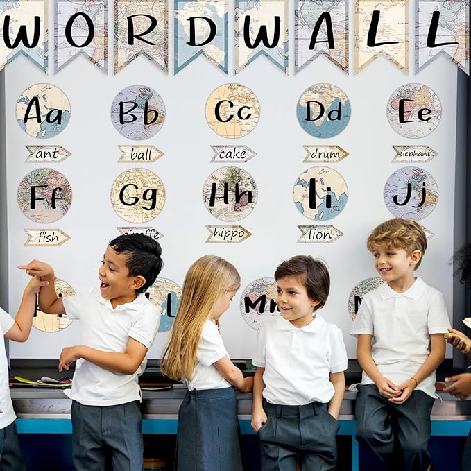 Word Wall Bulletin Board Set Alphabet Letter for Classroom ABC Poster Chart Sight Words Travel the World Map Border for First Grade Pre School Kindergarten Elementary Classroom Wall Decor Supplies