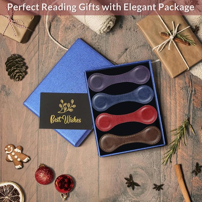 JIXZEN Magnetic Leather Bookmark for Reading Women, 4 PCS Timeless Leather Magnetic Book Marks for Women Book Lovers, Reading Men, Kids, Teachers with Elegant Gift Box (Coffee, Red, Blue, Purple)
