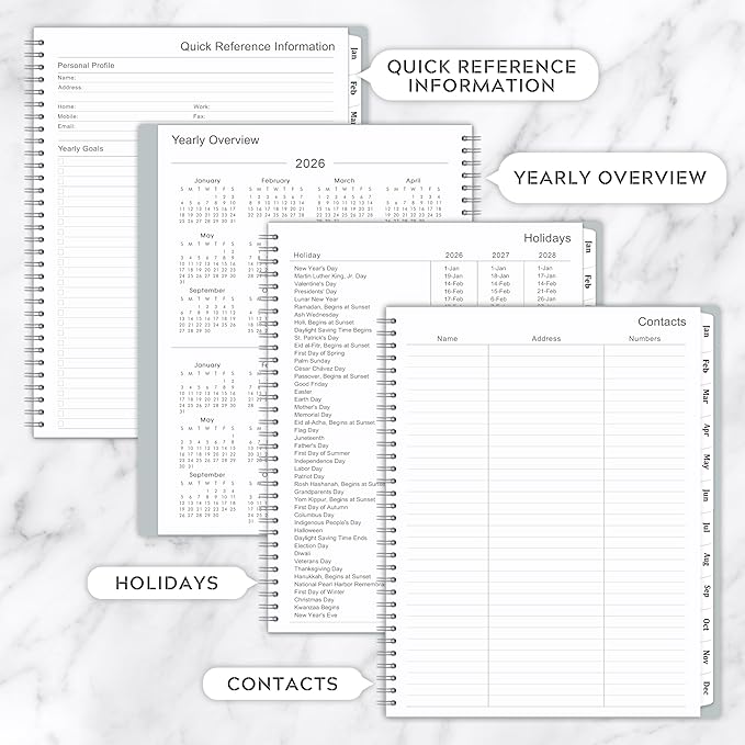 2026 Planner - January 2026 - December 2026, 9" x 11" Weekly Monthly Planner 2026, Tabs, Spiral Bound, Back Pocket, Gray