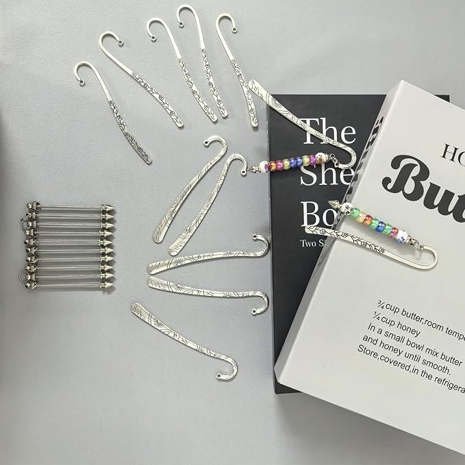 12 Pcs Beadable Bookmarks DIY Metal Blank Bar Bookmark for Beads Metal Bookmark Hairpin Hook Carved Antique Vintage Bookmarks Gift for Book Lovers Student Teacher Office Supplies (Silver)