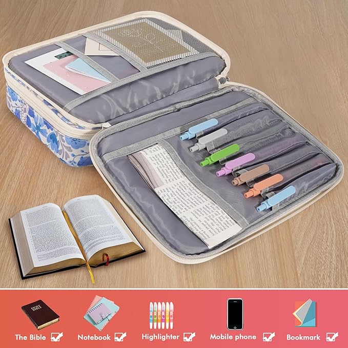 Bible Bag for Girls Organizer - Dual Zipper Compartments with 7 Pen Slots for Church Bible Study, Christian Gift for Teen (Floral-Blue)