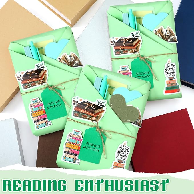 Sabary 6 Set Blind Date with a Book Gift Box Supplies Excluding Books Leather Bookmarks Stickers Kraft Tags Pens Wrapping Papers Mother's Day and Teacher's Day Graduation Book Lovers Club Gifts(Green)