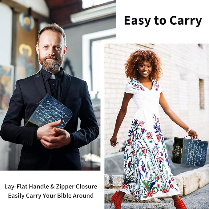 Bible Cover for Men,Large Leather Bible Case Fit Book Up to 11x8x2 Inch,Quotes Verse Isaiah 41:10 Bible Study Carrier Church Bags w/Handle & Zipper