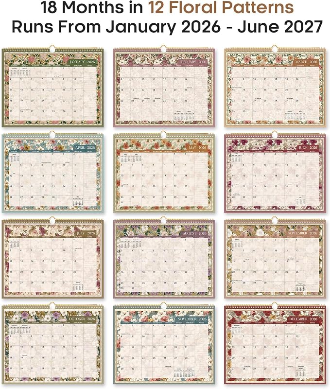 Calendar 2026-2027, Monthly Wall Calendar Runs Until June 2027, 11.5" x 14.8", Spiral Binding Hanging Wall Calendar, Perfect for Home or Office,Floral Borders
