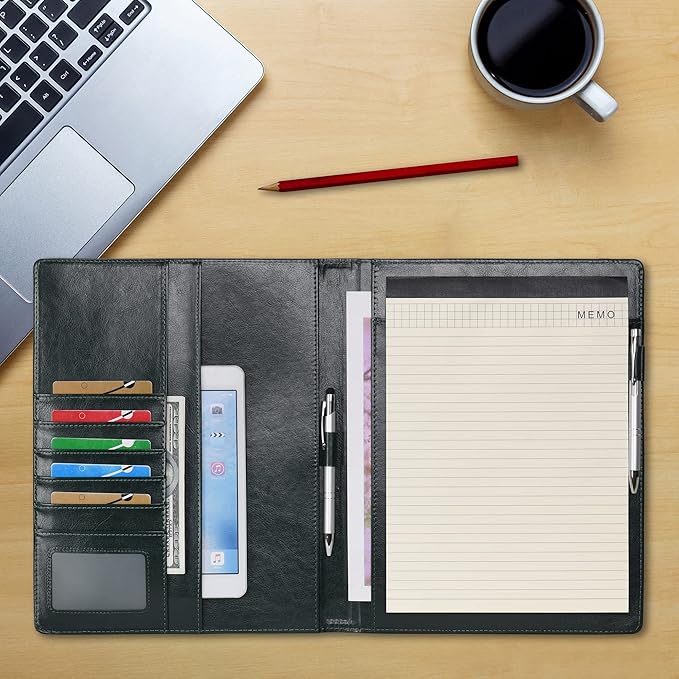 Wonderpool A4 Leather clipboard Folio Notepad with Interior Storage Pocket - Writing Padfolio File Document Case Holder for Office Travel School Hotel Hospital (A4,Green)