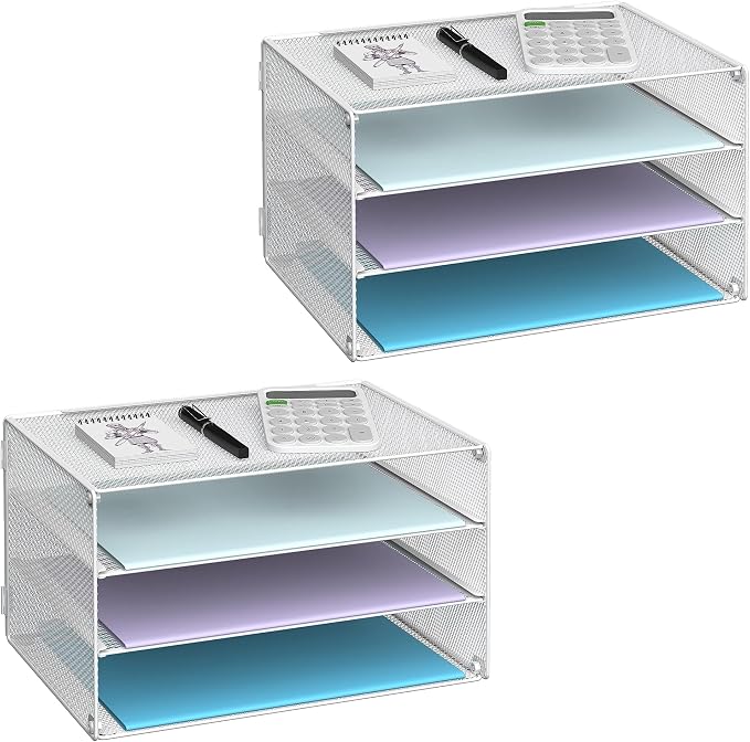 DALTACK 3 Tier Letter Tray Paper Organizer for Desk, Mesh Metal Desk File Organizer with Sliding Trays for Letter/A4 Paper, Mail, Bills & Folders, 2 Pack, White