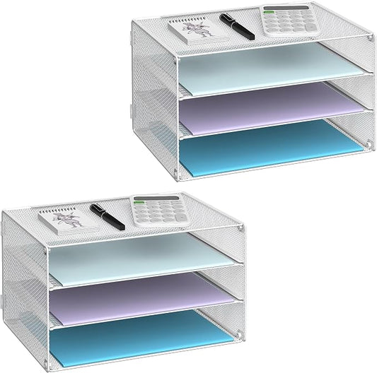 DALTACK 3 Tier Letter Tray Paper Organizer for Desk, Mesh Metal Desk File Organizer with Sliding Trays for Letter/A4 Paper, Mail, Bills & Folders, 2 Pack, White
