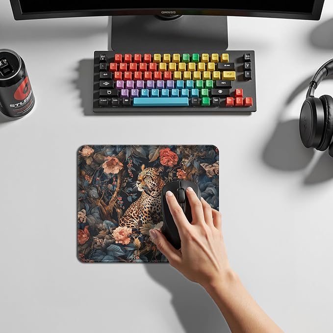 William Morris Inspired Floral Leopard Mouse Pad, Maximalist Wild Animal Cheetah Mouse Pad for Home Office Computer Gaming Desk Accessories, Leopard Cheetah Gifts for Women, 9.5x7.9 Inch