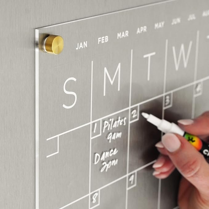 Magnetic Acrylic Month & Notes Calendar for Fridge, 14” x 18” Clear Refrigerator Planning Board, Includes 4 Magnetic Wet-Erase Markers, Gold Corner Magnets