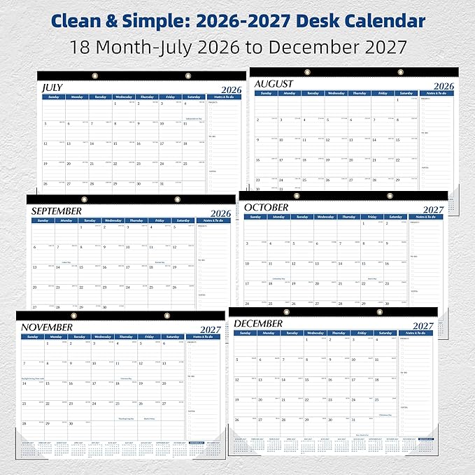 ZTX Desk Calendar 2026-2027,18 Months Calendar from July 2026 to December 2027,17" x 12" Large Calendars 2026-2027 Monthly Planner with Plastic Cover for Teacher Home Desk Top