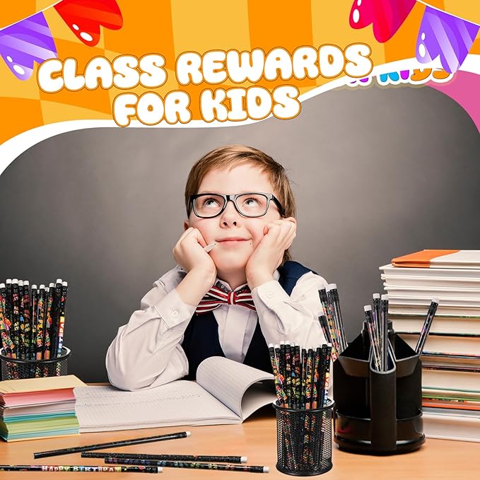 Sabary 24 Pcs Happy Birthday Pencils Colorful Birthday School Student Supplies Unsharpened HB Pencils with Erasers Stationery Bulk for Teacher Classroom Reward Party Supplies (Black)