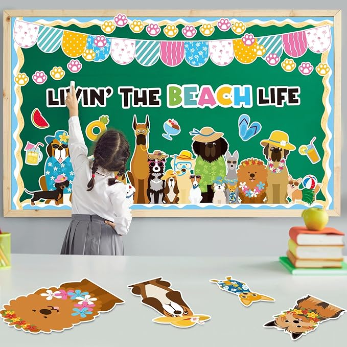 Justforjoyful Summer Dog Bulletin Board Decorations Hawaiian Dog Theme Classroom Back to School Bulletin Board Border Set Cute Puppy Pet Dog Paw Paper Cutouts for School Chalkboard Supplies Wall Decor