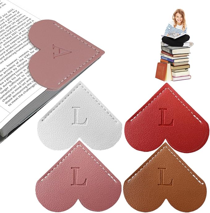 4Pcs Personalized Leather Heart Bookmark with Initial, 26 Letters Custom Corner Page Book Mark for Reading Women, Book Lovers, Teachers, Students, Book Accessories(White+Red+Dark Pink+Dark Brown, L)
