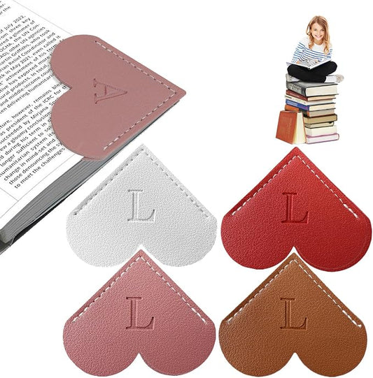 4Pcs Personalized Leather Heart Bookmark with Initial, 26 Letters Custom Corner Page Book Mark for Reading Women, Book Lovers, Teachers, Students, Book Accessories(White+Red+Dark Pink+Dark Brown, L)