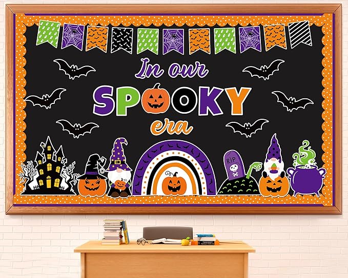 ojustbeok Halloween Bulletin Board Rainbow Pumpkin Ghost Decorations Bat Castle Paper Cutouts in Our Spooky Era Bulletin Board for Halloween Holiday School Chalkboard Wall Decor