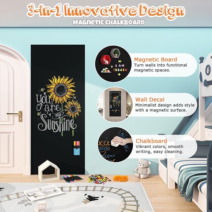 Magnetic Chalkboard Contact Paper for Wall, 47.2" x 18" 2 Pcs Self-Adhesive Blackboard Wallpaper Peel and Stick Wall with 93 Pcs Kit for Kids, Magnet Wall Sheet with Kit for Home Playroom