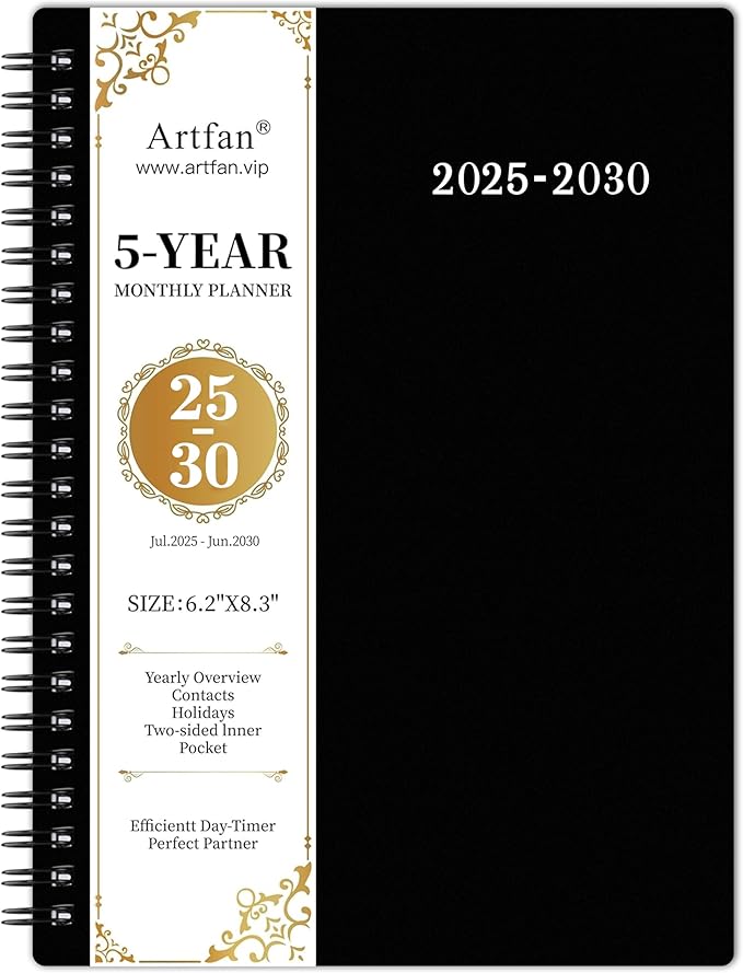 2025-2030 Monthly Planner/Calendar - Jul. 2025 - Jun. 2030, Monthly Planner, 5 Year, 6.2" x 8.3", Multi Year Calendar 2025-2030 with Twin-Wire Binding, Tabs, Storage Pocket - Black